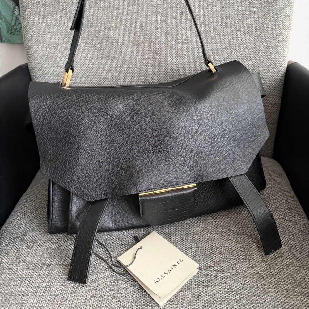 All Saints Black Leather Shoulder Bag Ursa Satchel - Picture 7 of 9